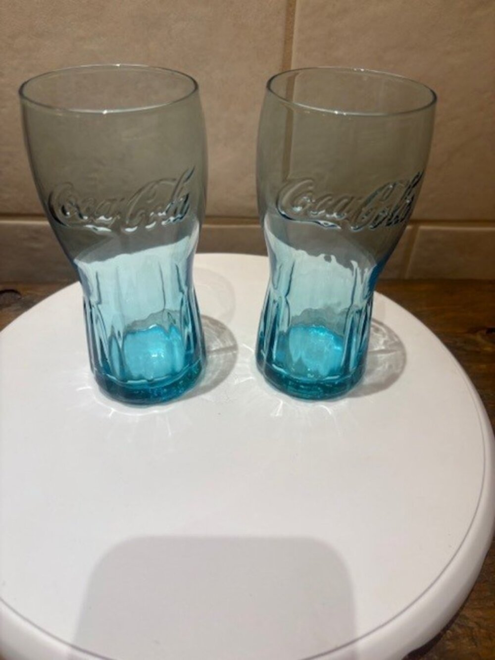 Vintage Coca Cola Blue Tinted Glasses 16 oz 6" Tall set of 2
